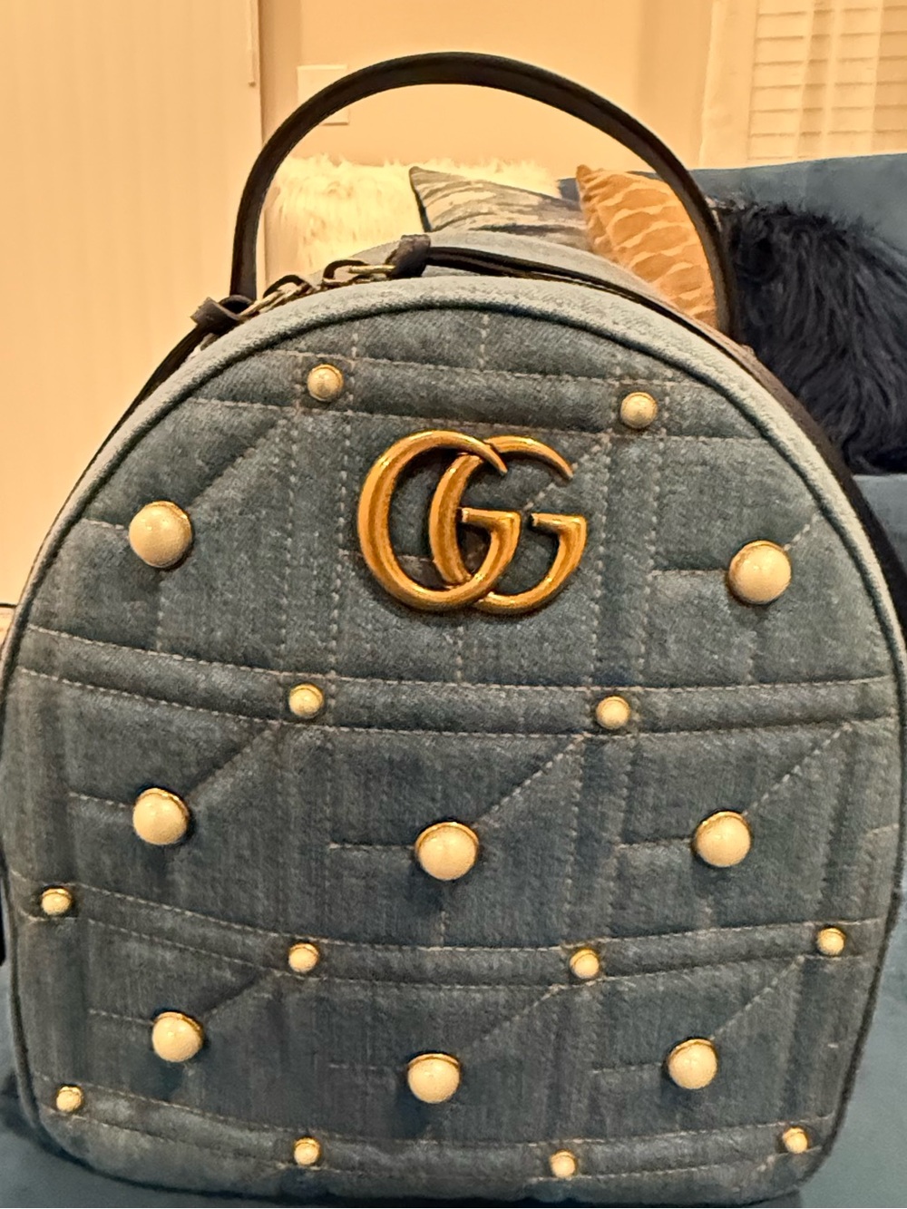 Gucci Denim Mini Backpack in Light Blue with Gold Hardware and Pearl Studs